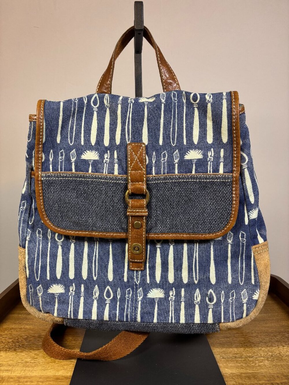 Fossil Blue Canvas Pottery Tools Design Brown Leather Backpack
